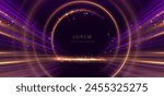 Luxury dark purple background with circle glowing blue and golden line lighting effect sparkle. Template premium award ceremony design. Vector illustration