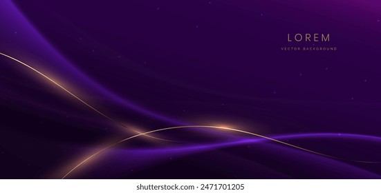 Luxury dark purple background with gold line curved and lighting effect sparkle. Vector illustration