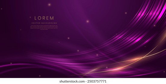 Luxury dark purple background with gold line curved and lighting effect sparkle. Vector illustration