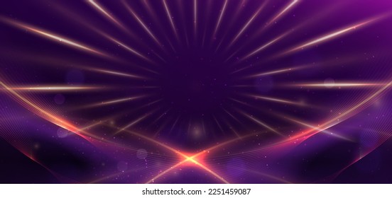 Luxury dark purple background with golden line curved and lighting effect sparkle. Vector illustration