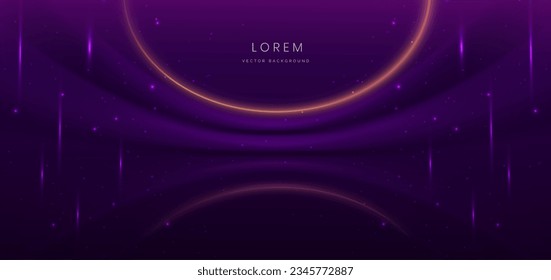 Lujoso fondo morado oscuro con líneas doradas curvadas y efecto de iluminación brillante. Ilustración del vector