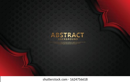 Luxury dark red and black overlap layers background with halftone wave flower effect on textured dark background