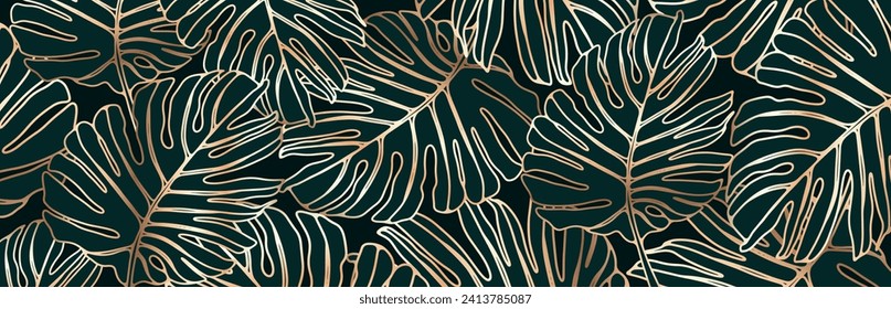 Luxury dark tropical vector background with monstera leaves with golden outline. Botanical background, postcard, wallpaper, cover design.