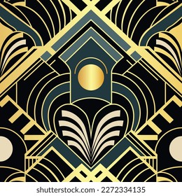 Lujoso patrón de Seamless vector oscuro. Art Deco Estilo Retro con líneas metálicas doradas. Fondo real vintage para textil, material de negocios, decoración doméstica, papel envolvente