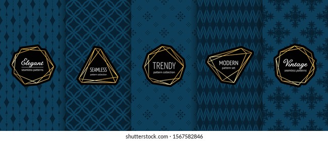 Luxuriöse dunkle, nahtlose Vektormuster. Kollektion von dekorativen Hintergrundfarben mit modernen minimalen goldenen Etiketten. Elegante abstrakte geometrische Texturen gesetzt. Premium-Design für Dekoration, Produktpaket