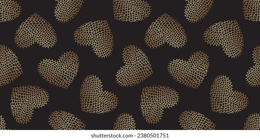 Luxury Valentine’s day seamless pattern. Golden hearts on black background seamless pattern. Hand drawn decorative gold heart for gift packaging, wrapping paper, textile.