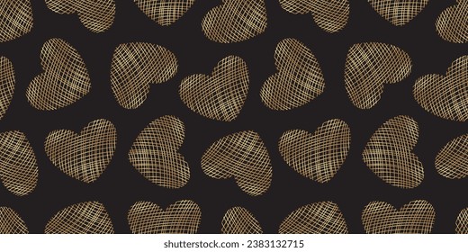 Luxury Valentine’s day seamless pattern. Golden hearts on black background seamless pattern. Hand drawn decorative gold heart for gift packaging, wrapping paper, textile.