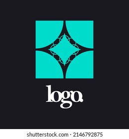 Luxury Decorated Square Vector Logo. Light Blue Elegant Logo Within Dark Background. Logo For Hospitality, Beauty Center, Self Improvement, And Spirituality.