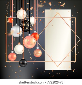 Luxury decoration with balls winter holiday background. Dark Christmas template for banners, advertising, leaflet, cards, greeting, invitation and so on.