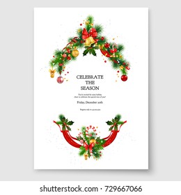 Luxury decoration with fir and balls winter holiday invitation. Template Christmas sample for banners, advertising, leaflet, cards, greeting, invitation and so on. Handwritten Christmas Inscription.