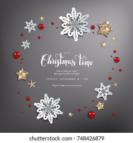 Luxury decoration with fir and balls winter holiday invitation. Template Christmas sample for banners, advertising, leaflet, cards, greeting, invitation and so on. Handwritten Christmas Inscription.