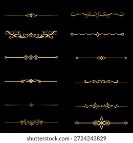 Linha divisória decorativa de luxo definida com ornamentos de ouro em fundo preto para design elegante.