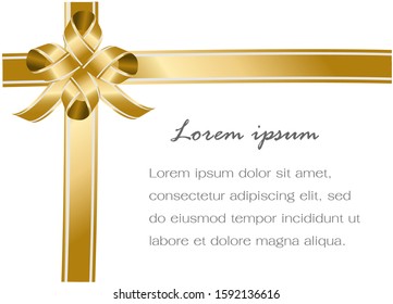 Luxury decorative golden bow and long ribbon for gift or present. Isolated on white background with copy space. Vector Illustration.