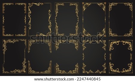 Luxury decorative golden frames. Retro ornamental frame, vintage rectangle ornaments and ornate border. Decorative wedding frames, antique museum image borders. Isolated vector icons set