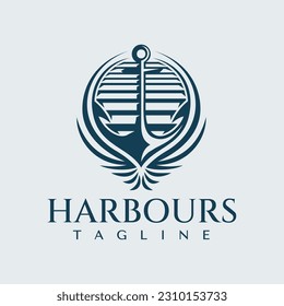 Luxuriöses Dekorations-Harbour Anker Logo Design. Elegantes Schiff-Ankerlogo.