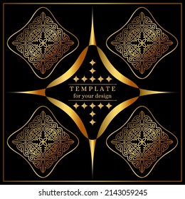 Luxury Decorative Square Template for your design. Ornamental elements and motifs of Kazakh, Kyrgyz, Uzbek, national Asian decor Vector. Nomadic ethnic stamp style. Asian gold ornaments. 