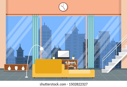 Luxury Deluxe Living Room Penthouse Apartment Interior Furniture Vector Illustration