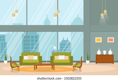 Luxury Deluxe Living Room Penthouse Apartment Interior Furniture Vector Illustration