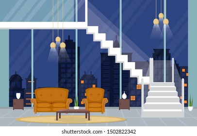 Luxury Deluxe Living Room Penthouse Apartment Interior Furniture Vector Illustration