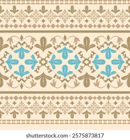 Luxury Desert Inspire Beautiful Gold Silk Weaves Embroidery Scroll Ornament Elaborate Pattern on Sand Beige Background. Elegance  Traditional Arabian and Baroque Opulence Design Seamless Border Vector