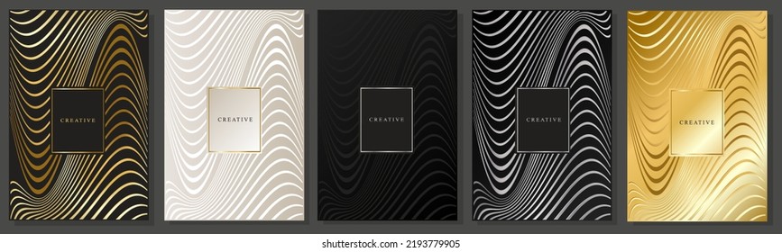 Luxuriöse Design-Cover. Verzerrte symmetrische Linien auf schwarzem, platiniertem und goldenem Hintergrund. Gold- und Silberstreifen. Sammlung von eleganten Broschüren, abstrakte Geometrie.	