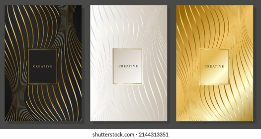 Luxury design covers. Symmetrical lines distorted on the background Black, platinum, gold. Golden stripes. Collection of elegant brochures.