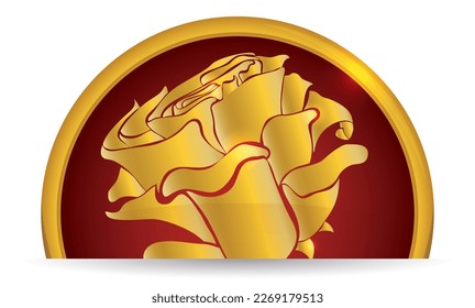 Luxury design decorated with golden frame and rose silhouette, inside a half round button. Design in gradient effect over white background.