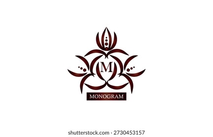 Diseño de lujo monograma logo Plantilla y objeto de Vector con letra M. Perfecto para el diseño de logotipo o insignia. Ilustración de moda de marcos con adorno real vintage, perfecto para boutique, marca de alcohol o marca de hotel.