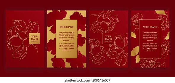 Diseño de lujo sobre fondo rojo, diseño de cuadros con motivos de flores doradas. Patrón de fondo premium de lujo para menú, venta de élite, plantilla de invitación de lujo, ​ invitación formal, vale de lujo.