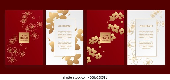 Luxury design on red and white background, frame design set with gold flower pattern. Luxury premium background pattern for menu, elite sale, luxe invite template, ​formal invitation, luxury voucher.