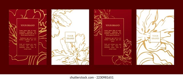 Diseño de lujo en tonos rojos y blancos, diseño de cuadros con motivos de flores doradas. Patrón de fondo premium de lujo para menú, venta de élite, plantilla de invitación de lujo, ​ invitación formal, vale de lujo.