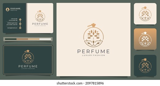 diseño de lujo para el diseño de la línea de la plantilla del logotipo del frasco de perfume con color dorado y tarjeta de visita.