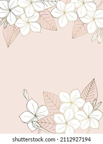 Luxury design Plumeria flowers for background, banners, posters, covers, greeting cards. Tropical flowers line art on a pink background.