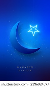 Luxury design for Ramadan Kareem and shiny crescent moon  glowing neon star   golden glitter  Vertical template for posters  social media  flyers  etc 