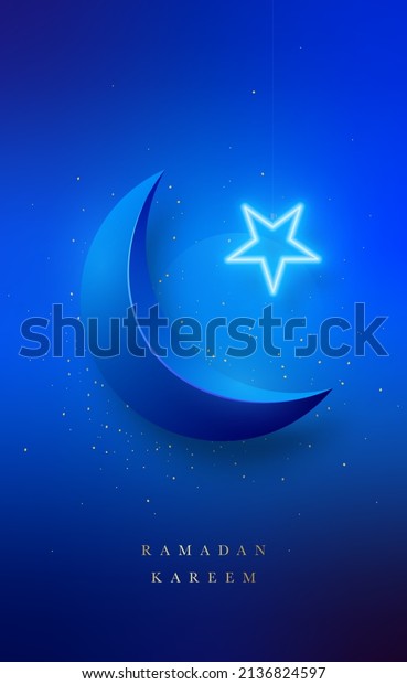 Luxury design for Ramadan Kareem with\
shiny crescent moon, glowing neon star and golden glitter. Vertical\
template for posters, social media, flyers,\
etc.
