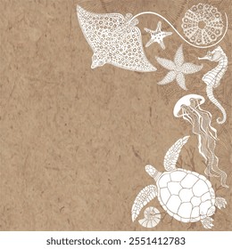 Diseño de lujo con criaturas marinas y lugar para texto en papel kraft. Diseño de Plantilla para texto, embalaje e impresiones. Fondo de mar de arte. Vector. 