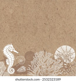 Diseño de lujo con ​ de mar​caballo, plantas submarinas, conchas, corales, criaturas marinas y lugar para texto en papel kraft. Diseño de Plantilla para texto, embalaje e impresiones. Fondo de mar de arte. Vector. 