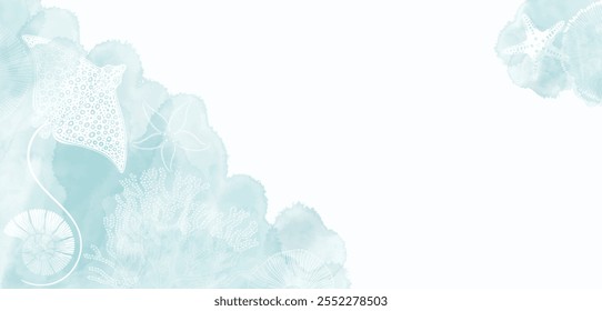 Diseño de lujo con rayas, criaturas marinas, lugar para texto en salpicaduras de acuarela azul. Diseño de Plantilla para texto, embalaje e impresiones. Fondo de mar de arte. Vector. Diseño de Plantilla para texto, diseño.