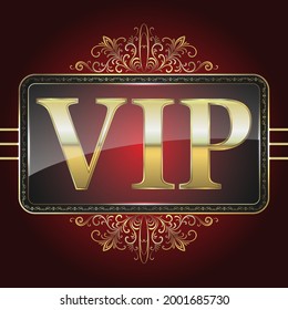 Luxury design template. Gold VIP badge or label on a red background. Can be used for invitation, greeting, flyer. VIP sign.