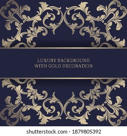Luxury design template for greeting card, invitation, menu, flyer. Blue color with gold ornaments.
