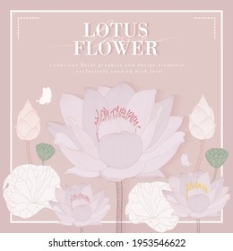 Luxury design template. Lotus line arts hand draw lotus flower and leaves. Ideal for packaging design, banner, invitation and packaging, business cards, print. Vector illustration