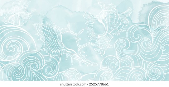 Luxury design with waves, shell and  watercolor splash. Art sea background vector. Template design for text, packaging, prints, layout decorative greeting card or invitation design background. 