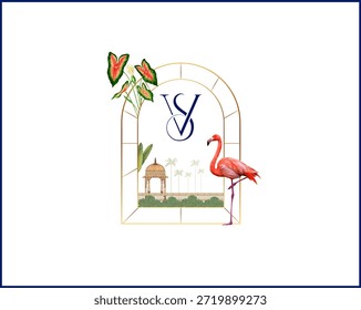 Logotipo de boda de lujo con Elementos florales flamencos y tropicales.