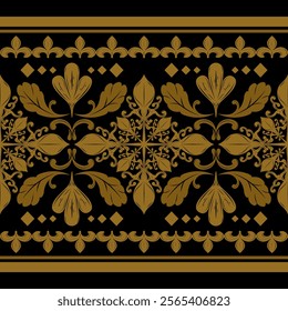 Luxury Detailed Gold Silk Weaves Scroll Ornament of Nature Florals Leaves Fleur de lis  Geometric Decoration on Black Background Elaborate Golden Lily Border Pattern Haute Couture Rich Opulence Vector