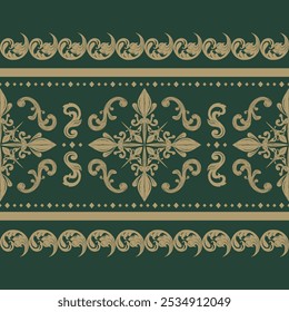 Luxury Detailed of Golden Silk Opulence on Deep Green Background. Curl and Scroll Ornament Royal Theme. Oriental Border Fabric Hand draw design decoration. Rich Pattern Seamless Border Vector.