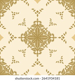 Luxury Detailed Royal Golden Florals Silk Weaves Embroidery On Beige Background. Beautiful Opulence Seamless Delicate Fleur de lis Pattern for Tiles Floor Decoration Wallpaper Interior Mosaic Ceramics