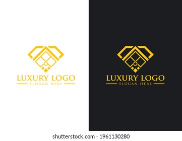 Luxury Diamond and Abstract House Vector Logo. Golden Gemstone and Real Estate Vector Symbol.