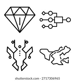Luxo Diamond Gemstone, Digital Logic Flowchart, Futuristic Tech Armor Shield, e Abstract Geographic Map Icons Set