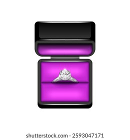 Luxury diamond white gold engagement ring in an open black jewelry box with elegant purple velvet interior top view isolated on white background, wedding accessory realistic 3d vector.