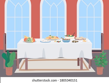 Luxury dinner table flat color vector illustration. Living room for family traditional meal. National culinary. Dishes with food and drinks. Furniture 2D cartoon object with interior on background